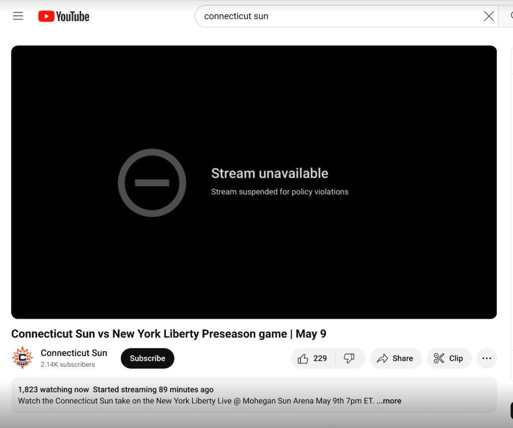 The Connecticut Sun's livestream on YouTube for their preseason game against the Liberty didn't work. 