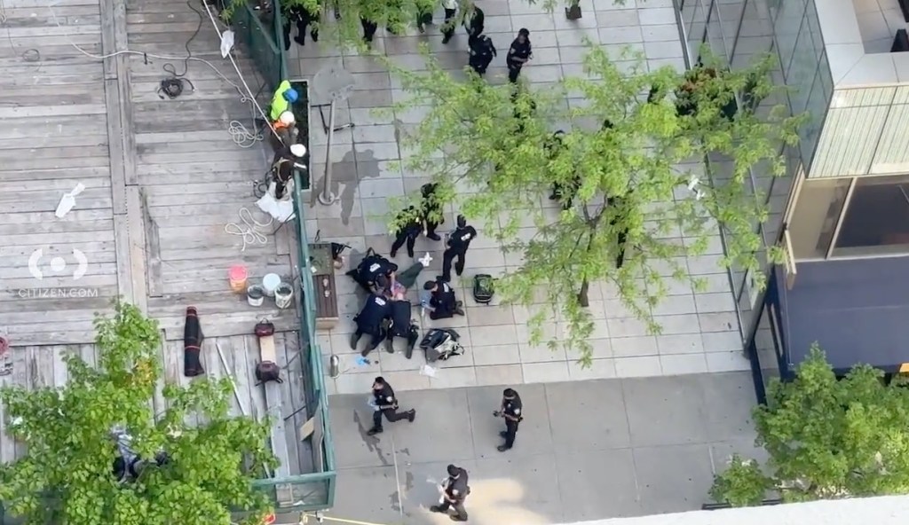 Citizen video shows the scene where a person was reportedly shot near SPring St. and Varick St in Manhattan, Tuesday, May 7, 2024.