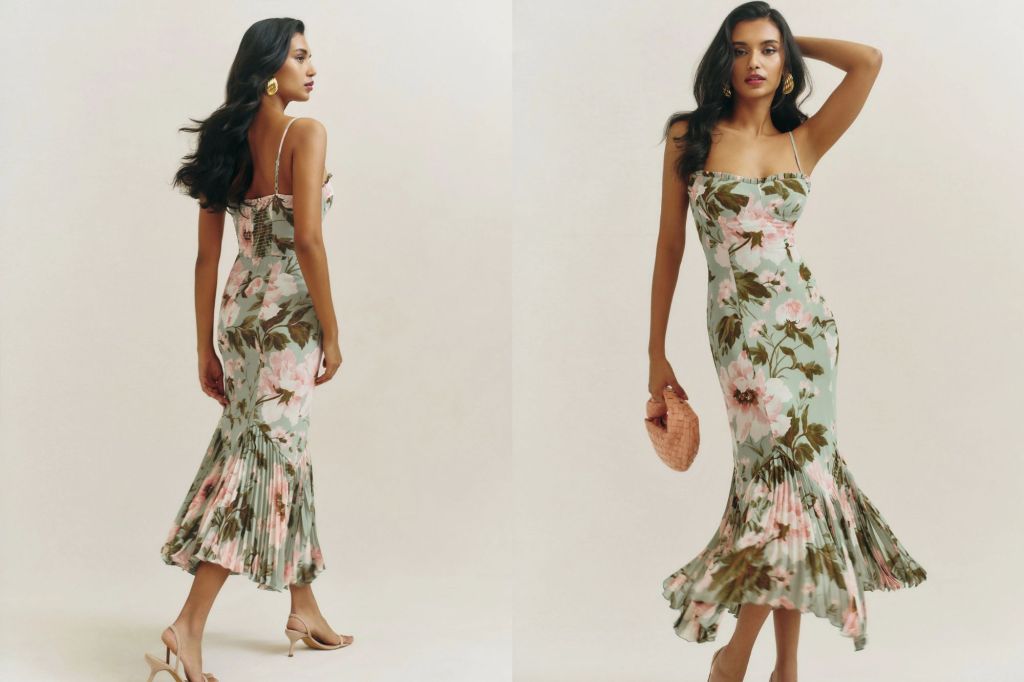 Two pictures of a woman in a floral dress.