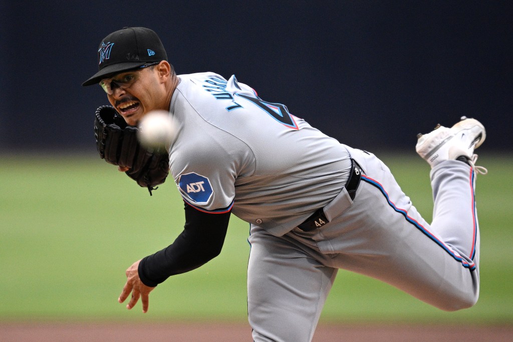 Jesus Luzardo #44 of the Miami Marlins pitches against the San Diego Padres during the first inning at Petco Park on May 28, 2024 in San Diego, California. 