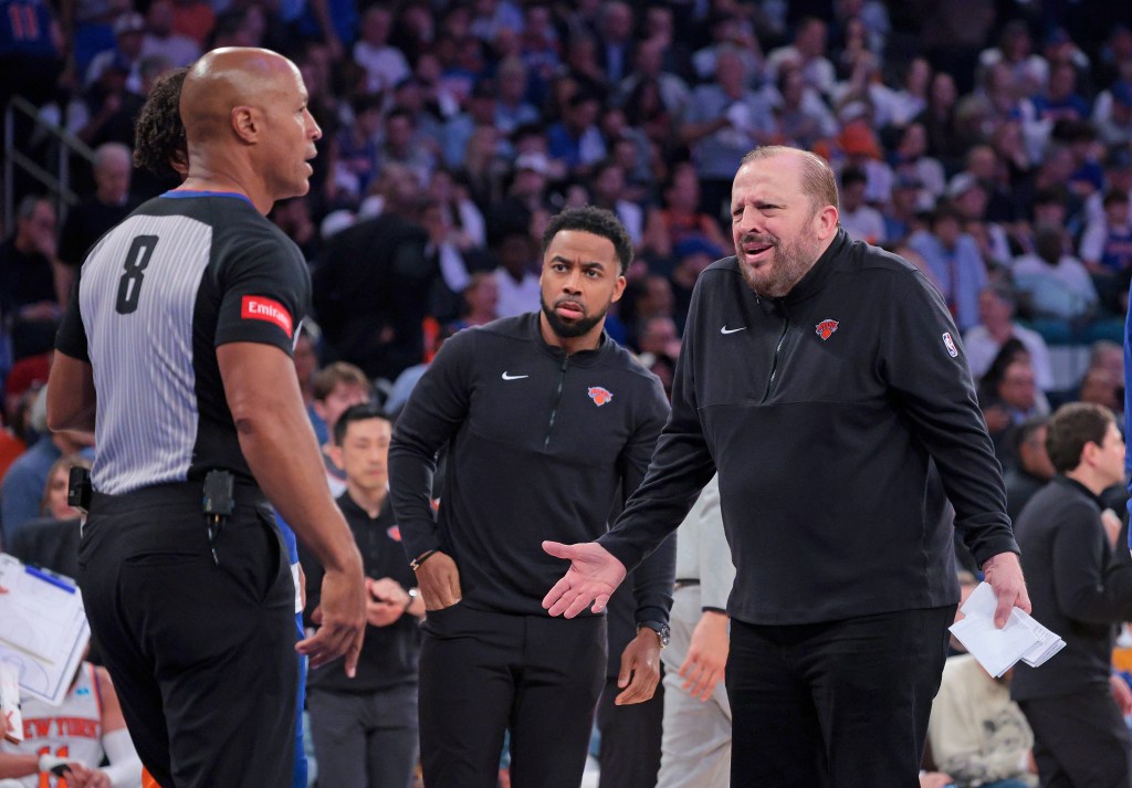 Tom Thibodeau reacts to a call at referee Marc Davis #8 during the third quarter.