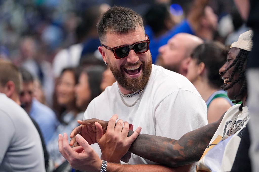 Chiefs tight end Travis Kelce attends Game 3 of the NBA Western Conference Final between the Mavericks and Timberwolves on Sunday.