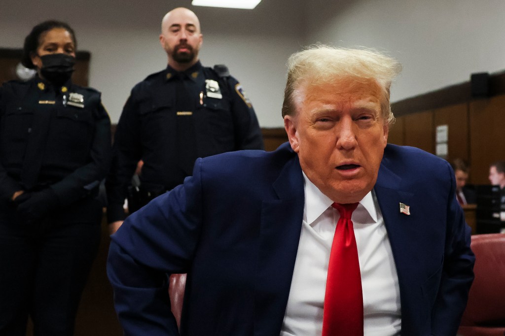 Donald Trump sits in Manhattan criminal court, Monday, May 6, 2024 in New York.