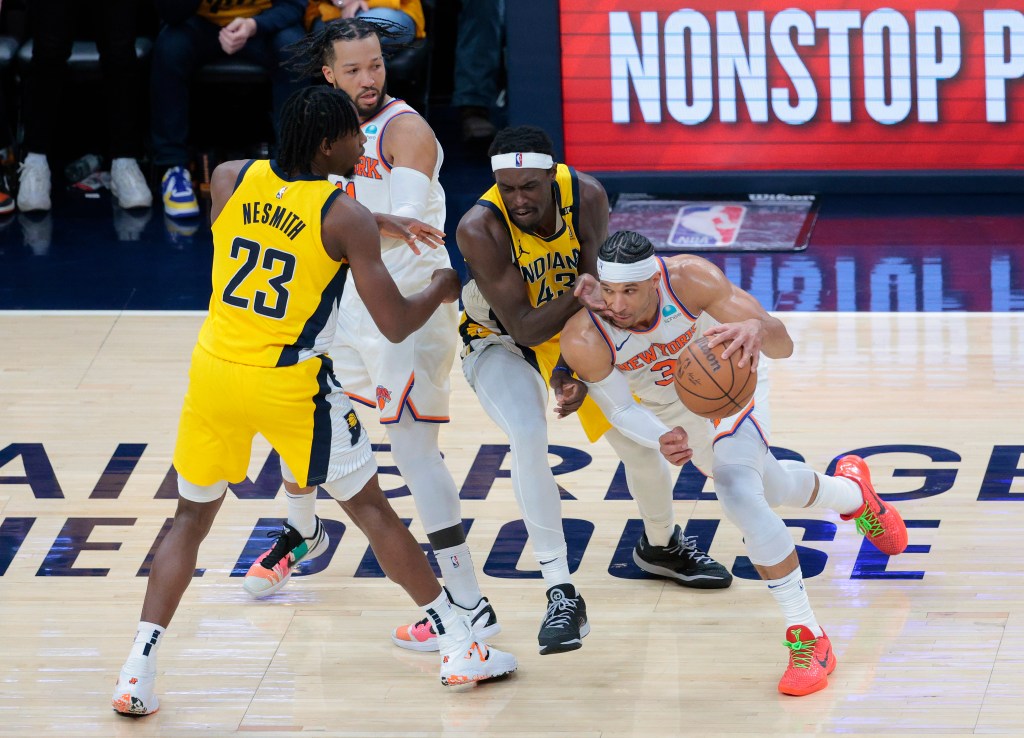  Jalen Brunson #11 of the New York Knicks sets a pick on Pascal Siakam #43 of the Indiana Pacers as Aaron Nesmith #23 of the Indiana Pacers defend him while Josh Hart #3 of the New York Knicks drives during the fourth quarter. 