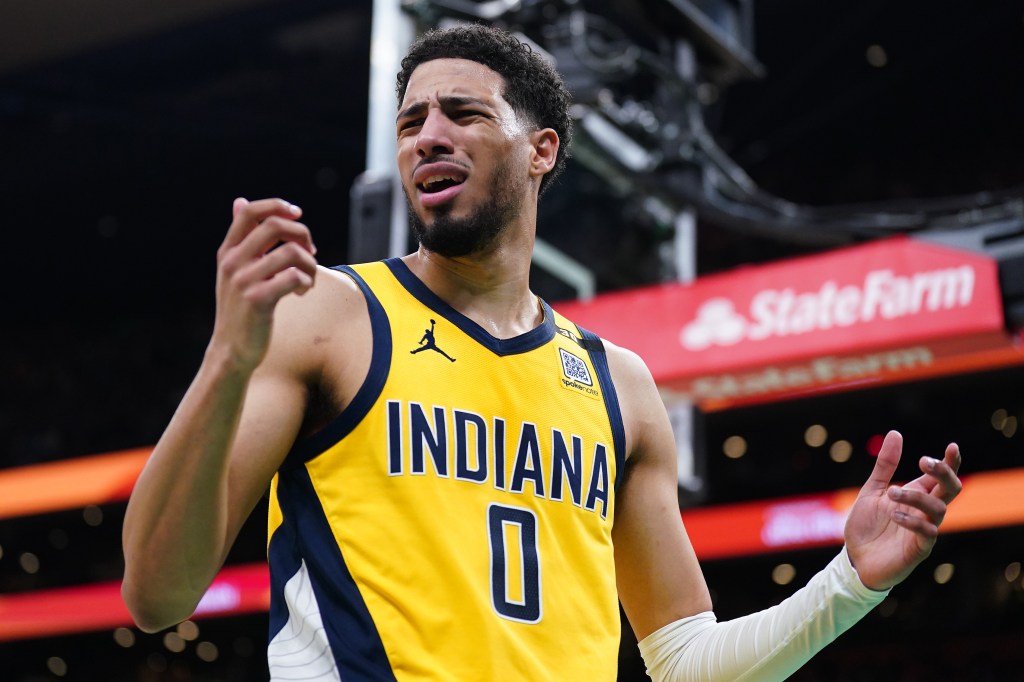 Tyrese Haliburton (0) reacts against the Boston Celtics in the first half during game two of the eastern conference finals for the 2024 NBA playoffs at TD Garden.