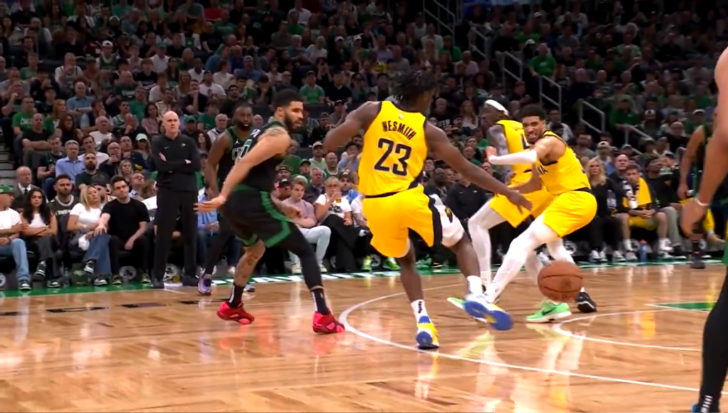 Tyrese Haliburton stumbles in the play that seemingly led to a sore left hamstring injury in Game 2 of Eastern Conference Finals.