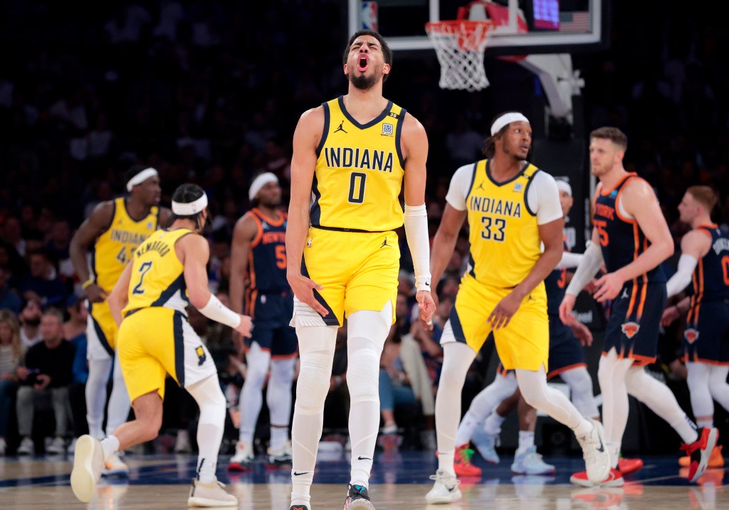 Tyrese Haliburton, who scored a game-high 34 points, celebrates after hitting a shot during the Knicks' 130-121 Game 2 win over the Pacers.