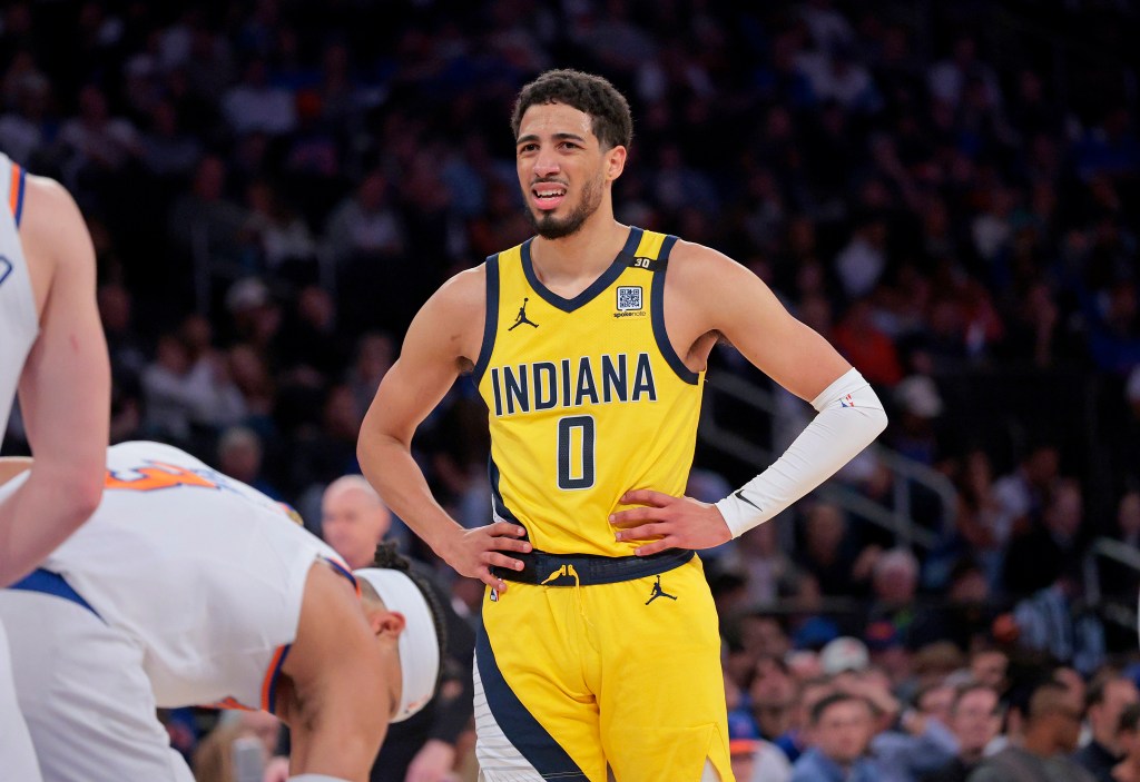 Tyrese Haliburton reacts during the Pacers' Game 1 loss to the Knicks on May 6, 2024. 