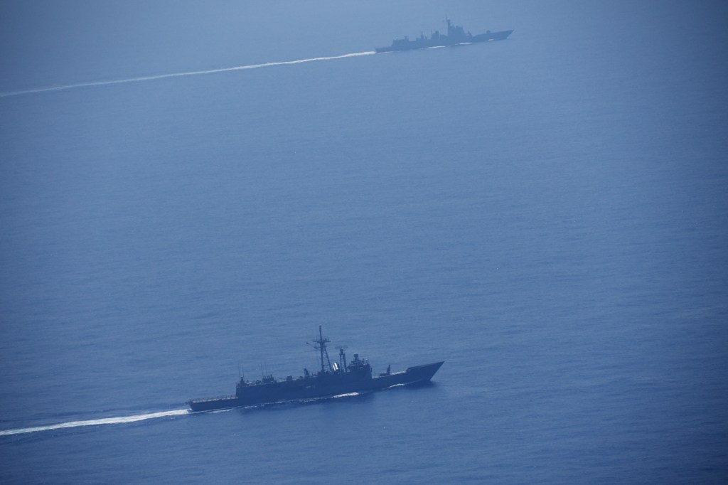 A Chinese military vessels sailing in an unknown location near Taiwan on May 23, 2024.