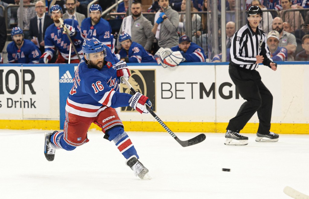 Vincent Trocheck shoots a slap shot during the Rangers' 2-1 overtime win over the Panthers in Game 2.