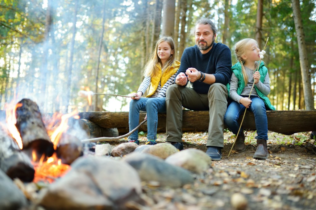 Father and two little girls roasting marshmallows at bonfire in a fall forest