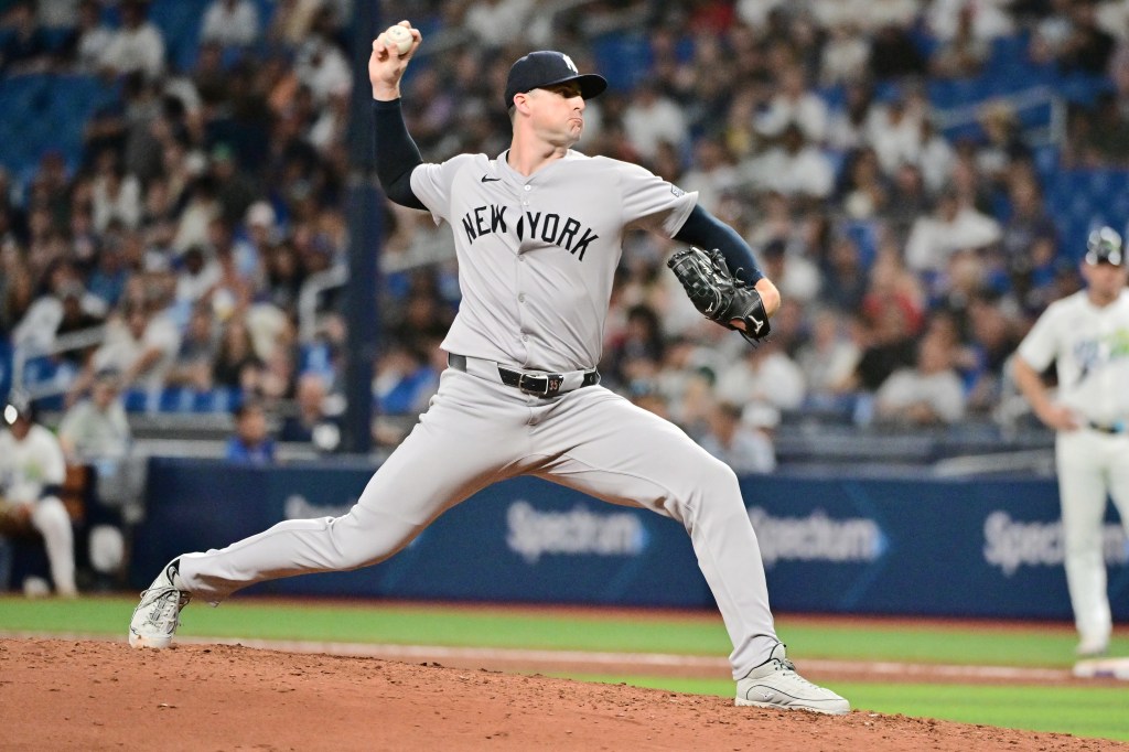 Clay Holmes pitches during the Yankees' win over the Rays on May 10, 2024. 