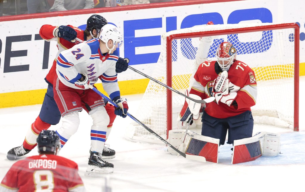 Sergei Bobrovsky makes a save on Kaapo Kakko during the Rangers' 2-1 series-ending loss to the Panthers in Game 6.