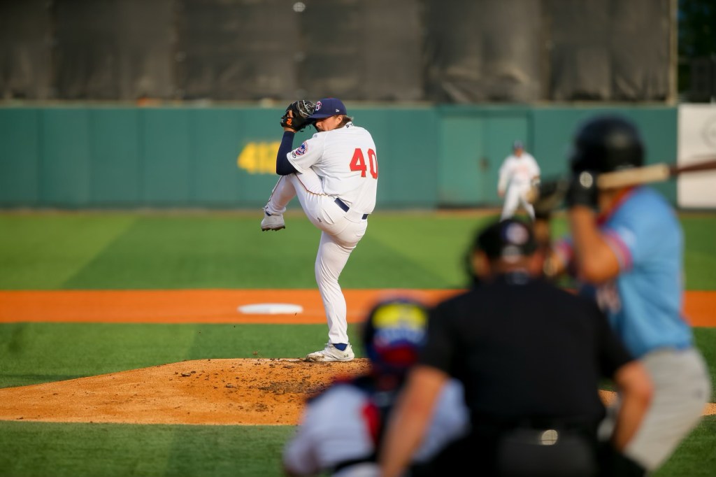 Dakota Hawkins pitches to Francisco Alvarez during the Cyclones' first-ever nine-inning no-hitter.