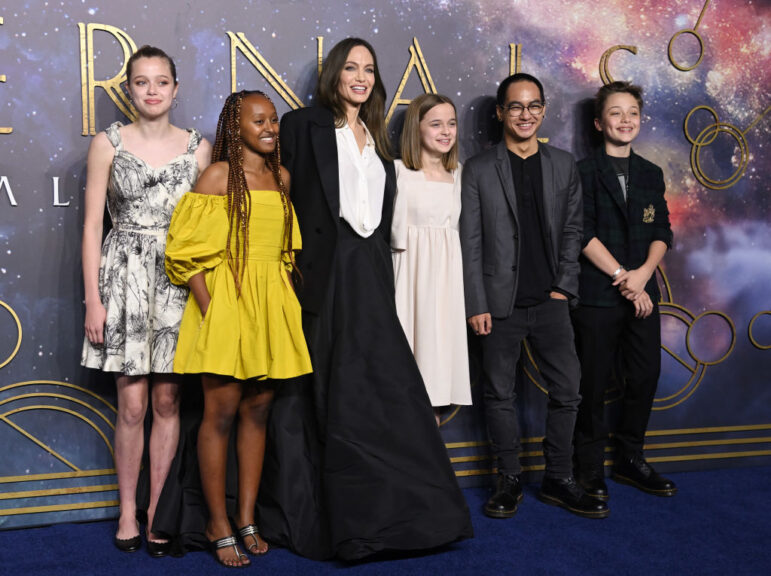 LONDON, ENGLAND - OCTOBER 27: (L-R) Shiloh Jolie-Pitt, Zahara Jolie-Pitt, Angelina Jolie, Vivienne Jolie-Pitt, Maddox Jolie-Pitt and Knox Jolie-Pitt attend the "The Eternals" UK Premiere at BFI IMAX Waterloo on October 27, 2021 in London, England. (Photo by Karwai Tang/WireImage)