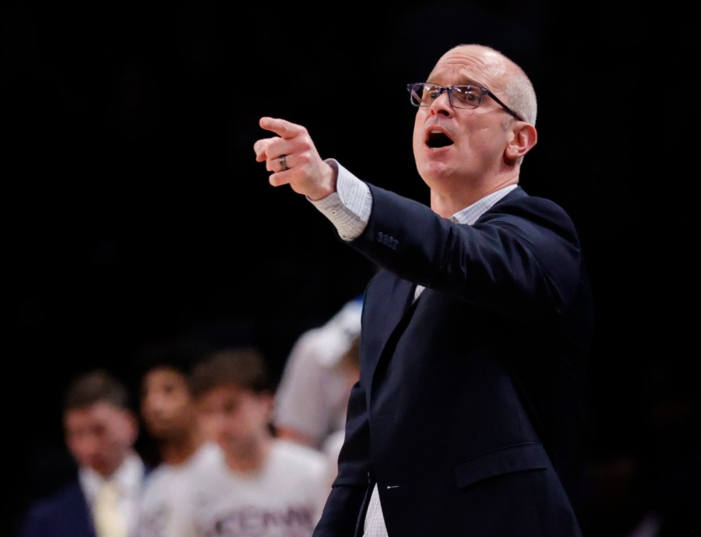 Huskies head coach Dan Hurley calls out a play against Northwestern Wildcats in the second half of NCAA Tournament Second Round game at the Barclays Center in Brooklyn.