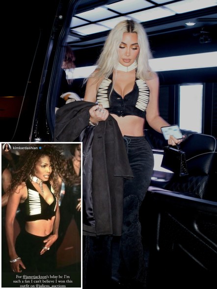 PLANET JANET: Wearing the original top from Janet Jackson’s “If” music video (inset), Kim Kardashian honors the singer by wearing it to her California concert.