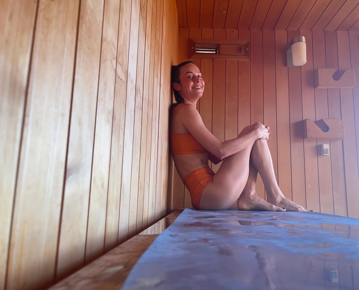 SWEAT SETTER: Brie Larson heats things up during a self-care sauna visit.