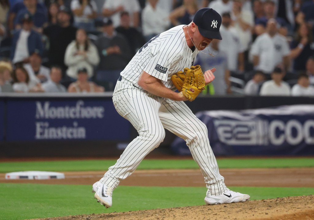 Yankees reliever Caleb Ferguson celebrates after getting out of the eighth inning in Friday's loss to the Dodgers.