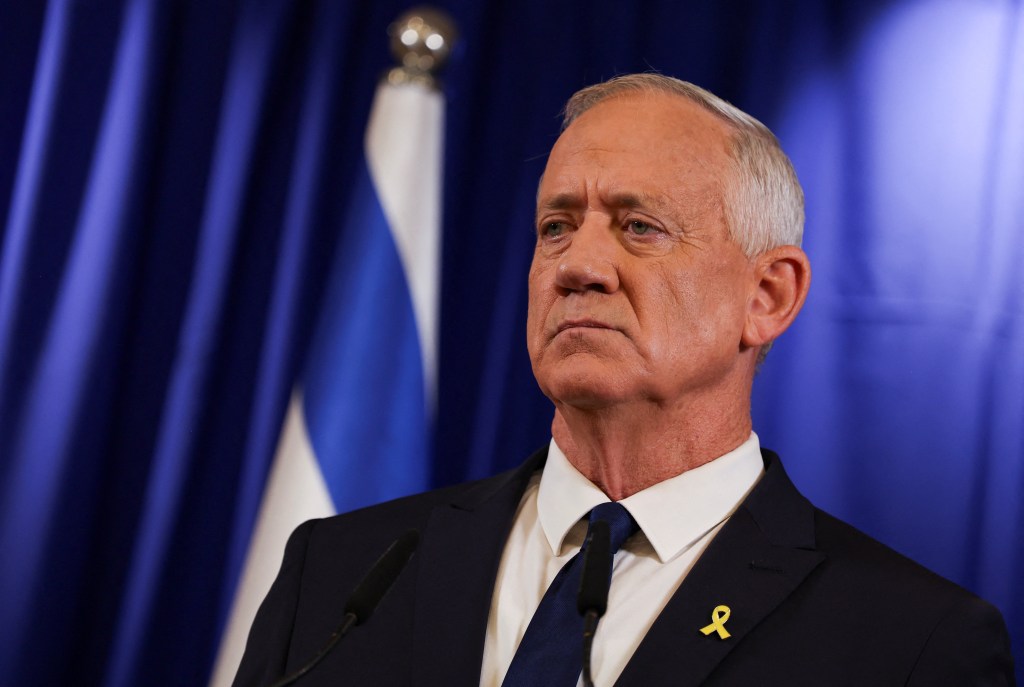 Israeli Minister Benny Gantz addresses the media after his ultimatum to withdraw his centrist party from Israeli Prime Minister Benjamin Netanyahu's emergency government expired, in Ramat Gan, Israel June 9, 2024.