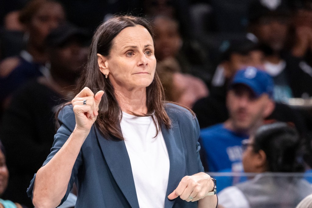 Liberty head coach Sandy Brondello reacts in the first half against the Mystics at Barclays Center Sunday, June 9, 2024.