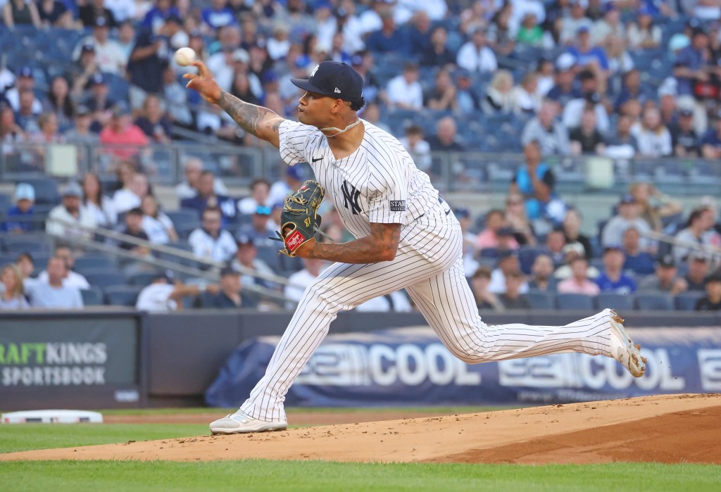 Luis Gil #81 of the New York Yankees throws a pitch during the first inning when the New York Yankees played the Los Angeles Dodgers Sunday, June 9, 2024 at Yankee Stadium in the Bronx, NY. 