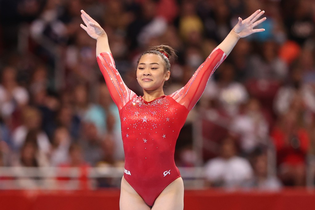 Suni Lee competes in the floor exercise during the Women's competition of the 2021 U.S. Gymnastics Olympic Trials at America's Center on June 27, 2021 in St Louis, Missouri.