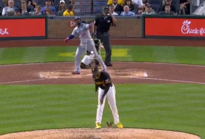 Aroldis Chapman throws his glove to the ground after thinking he gave up a go-ahead three-run homer to Teoscar Hernandez. Fortunately for the Pirates and Chapman, it was just a long foul ball as they held on for a 1-0 win over the Dodgers.