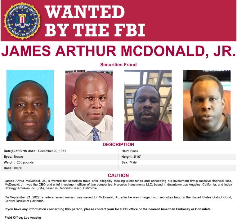 An FBI wanted flyer shows James Arthur McDonald Jr., accused of securities fraud.