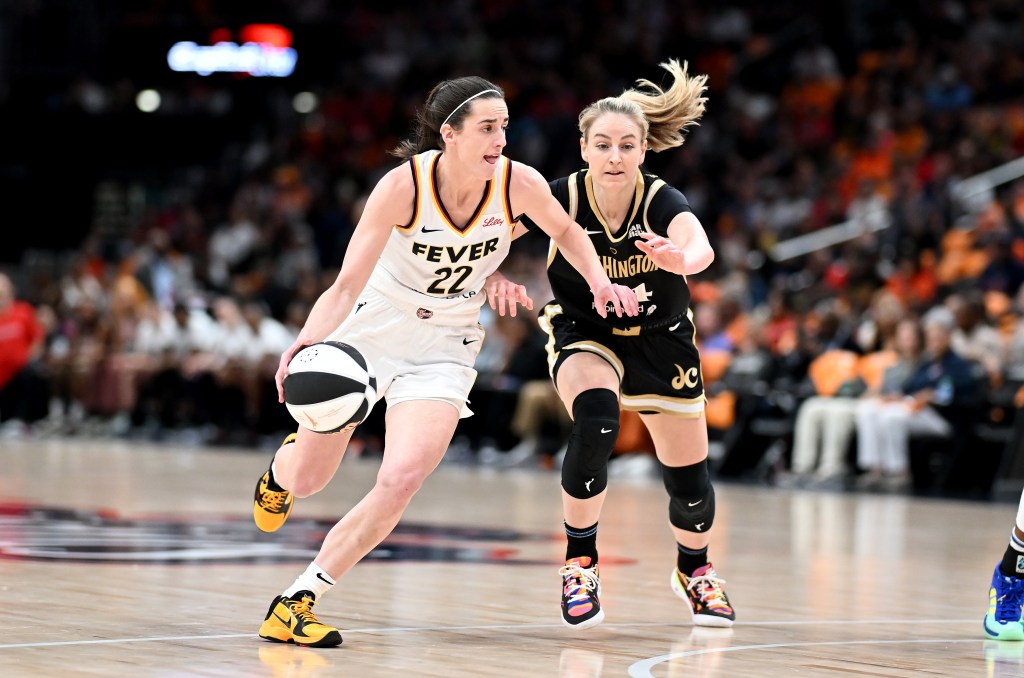 Caitlin Clark handles the ball in the first quarter against Karlie Samuelson at Capital One Arena on June 07, 2024.