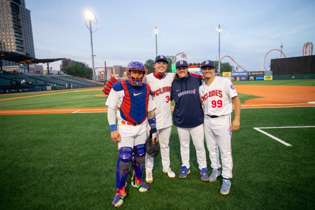 Francisco Alvarez poses with Cyclones pitchers Joshua Cornielly, Dakota Hawkins and Joey Lancellotti. 