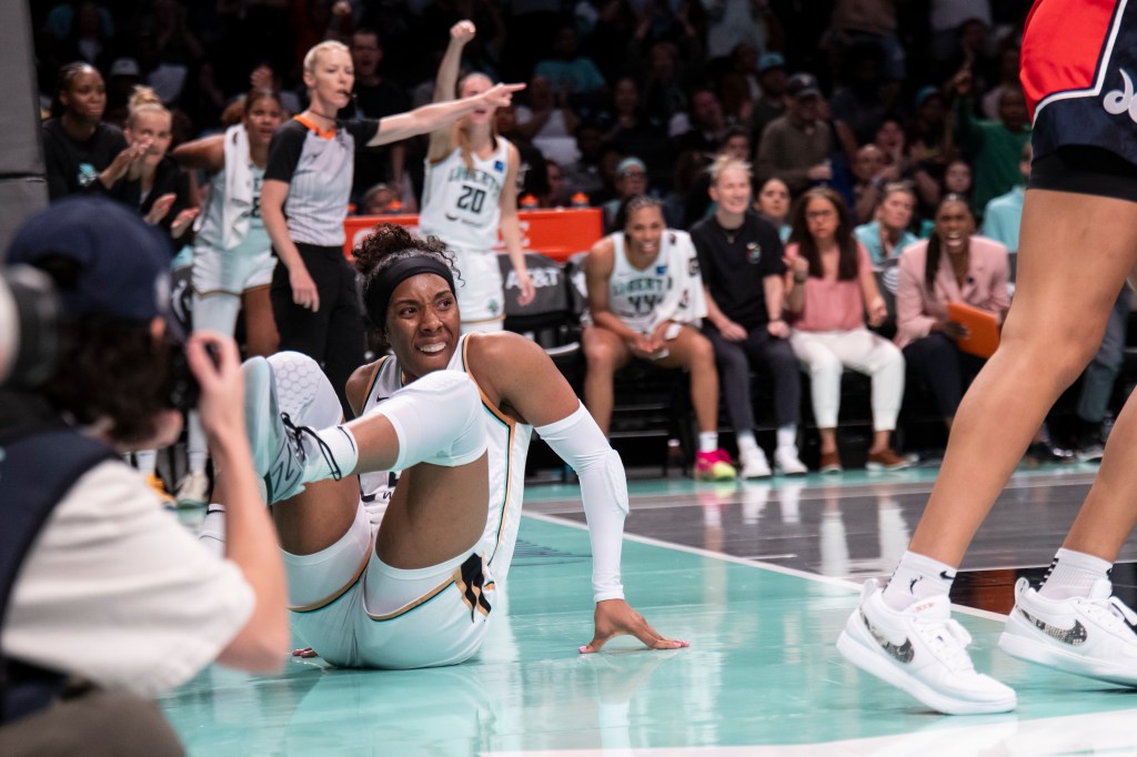 Kayla Thornton #5 of the New York Liberty reacts after a shot against Washington Mystics at Barclays Center. 