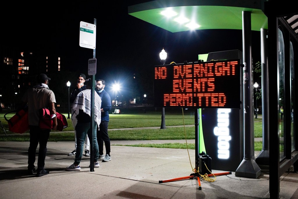 Pro-Palestinian protesters hold a rally on the campus of Ohio State University on May 1, 2024 in Columbus, Ohio.