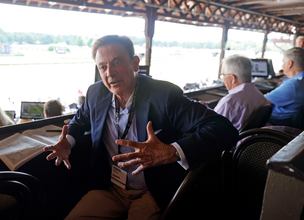 Rick Pitino is interviewed by the NY Post while sitting in the VIP section a day before the 2024 Belmont Stakes at Saratoga Race Course in Saratoga Springs, New York, USA. June 07, 2024.