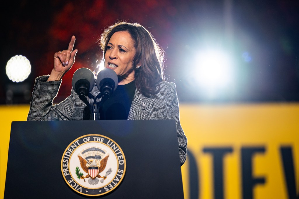 Harris speaks during a campaign rally on October 28, 2024 in Ann Arbor, Michigan.