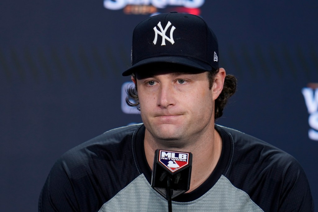 Gerrit Cole talks to reporters before the Yankees' 11-4 Game 4 win over the Dodgers on Oct. 29, 2024.