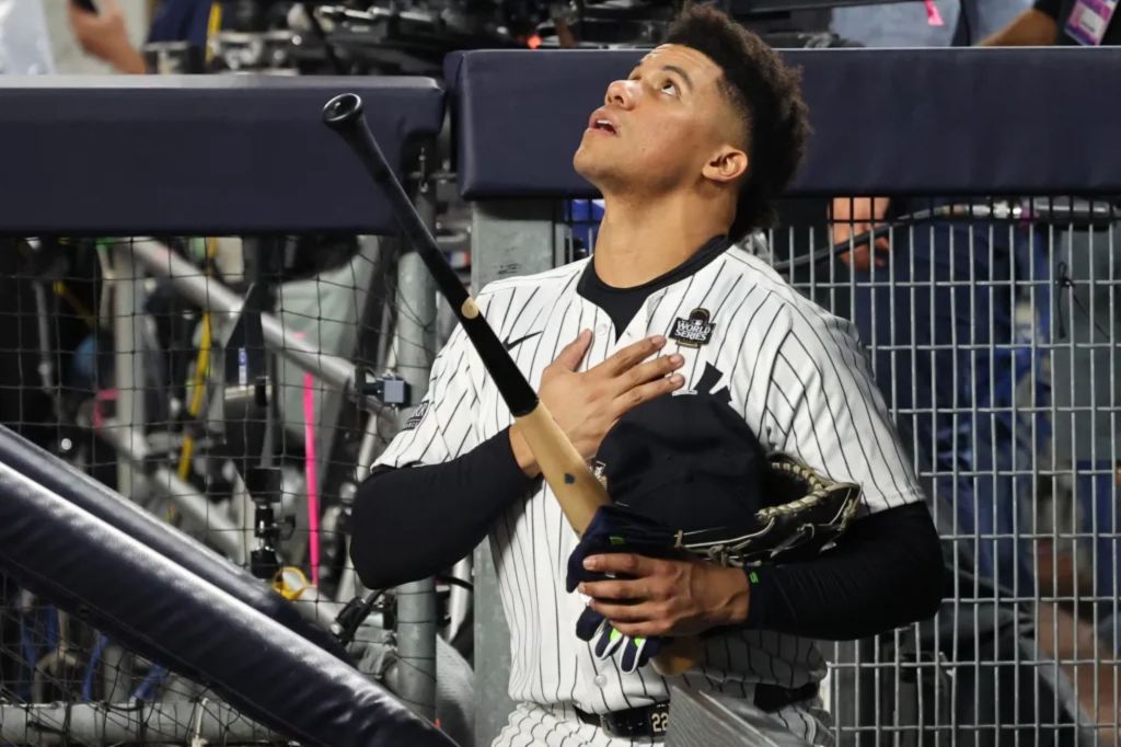 Juan Soto, who is now a free agent, looks to the sky after the Yankees' 7-6 season-ending loss to the Dodgers in Game 5 of the World Series on Oct. 30, 2024.