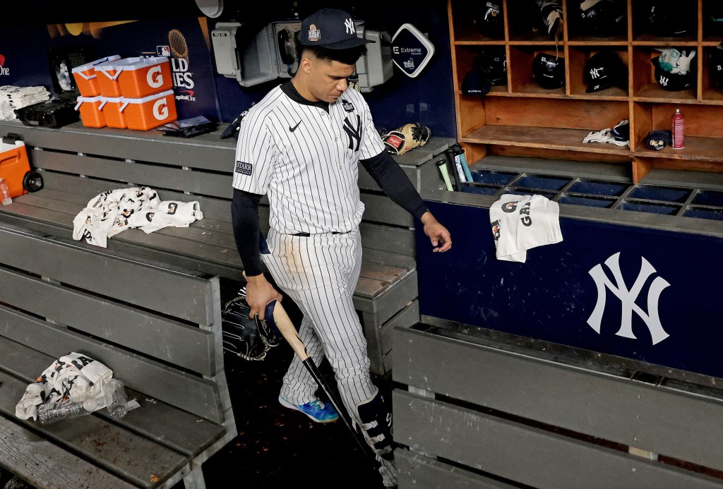 Juan Soto, who is now headed toward free agency, walks to the clubhouse after the Yankees' 7-6 season-ending loss to the Dodgers in Game 5 of the World Series on Oct. 30, 2024.