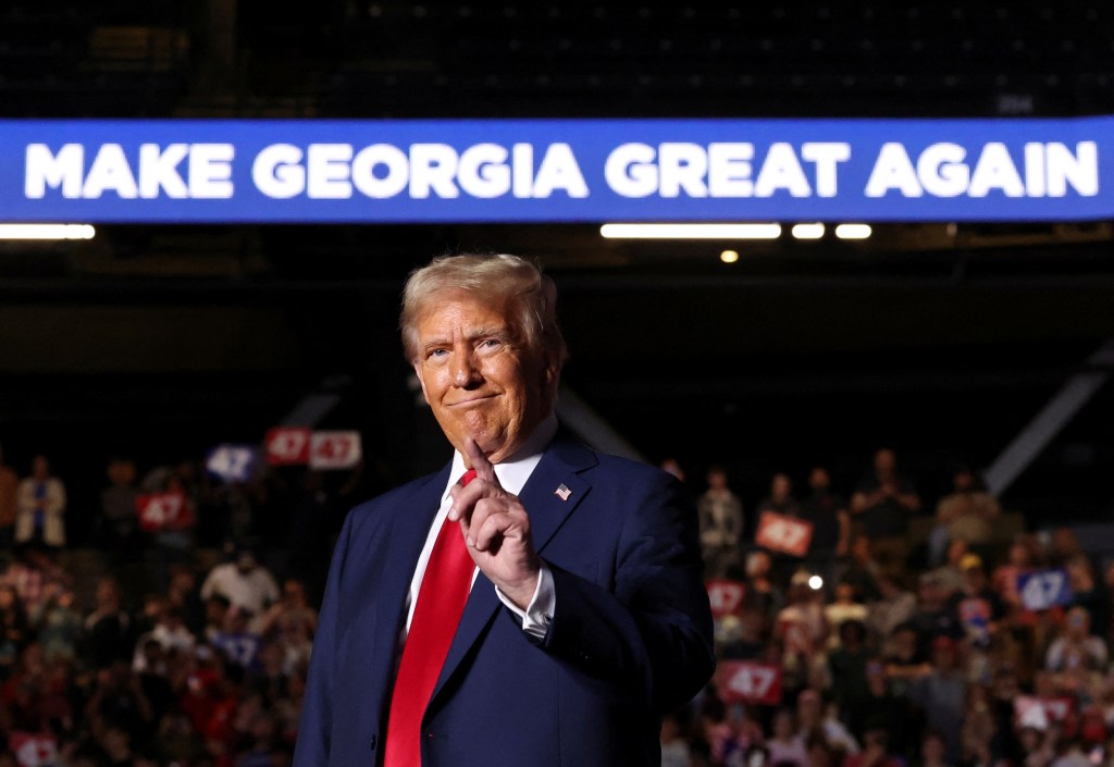 Trump attends a campaign rally at McCamish Pavilion, in Atlanta, Georgia, U.S., October 28, 2024.