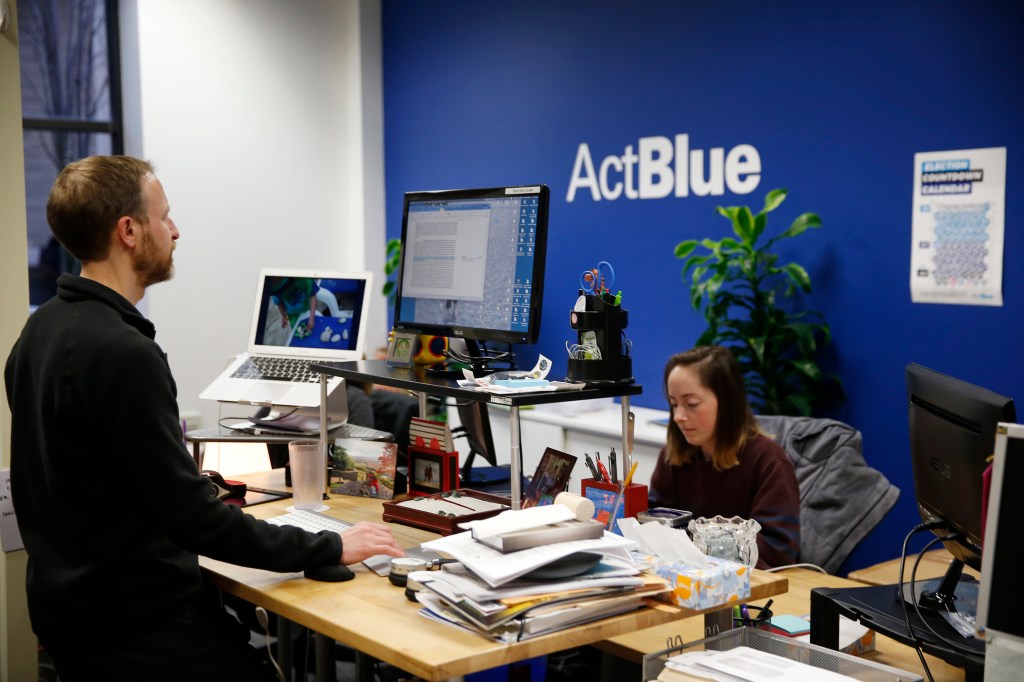 Employees working at the ActBlue Democratic fund-raising platform office in Somerville, MA, captured on November 13, 2018