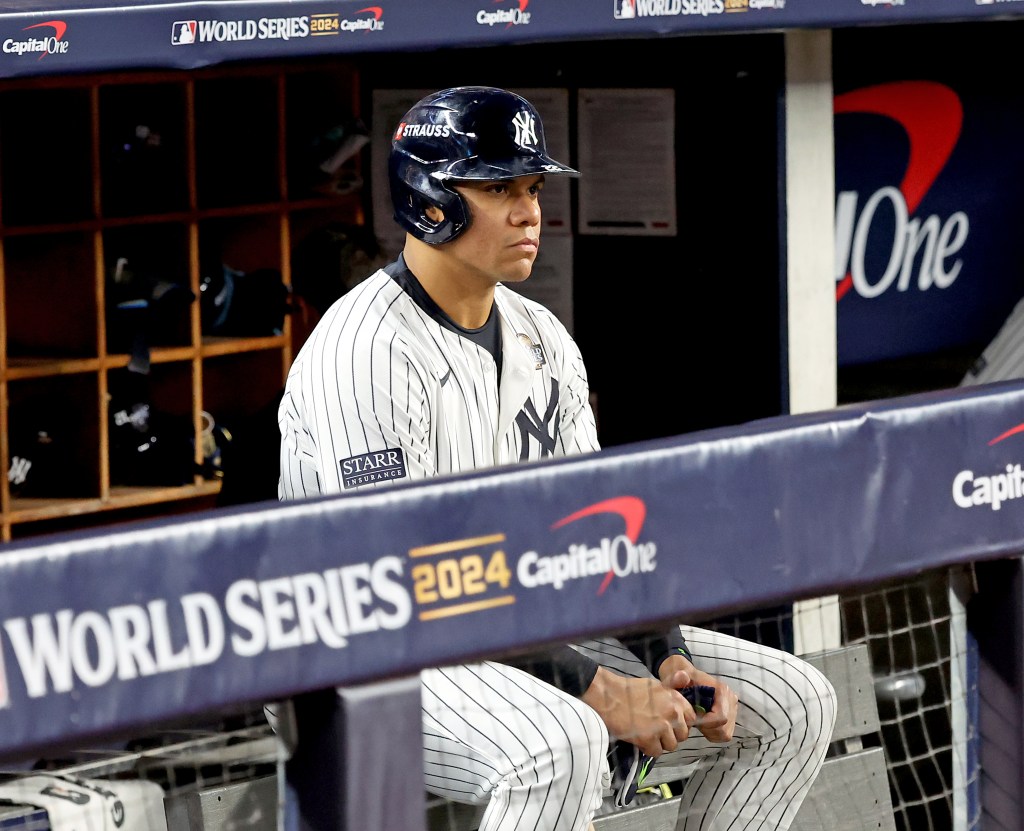 Juan Soto looks on during the Yankees' Game 5 loss to the Dodgers on Oct. 30, 2024. 