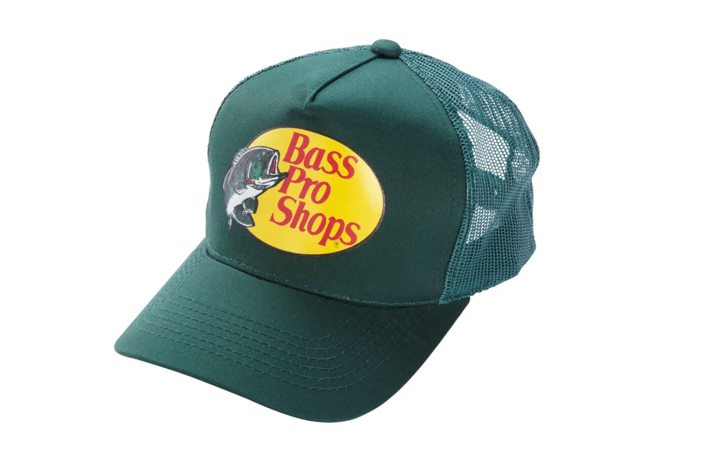 A green hat with a Bass Pro Shops fish logo