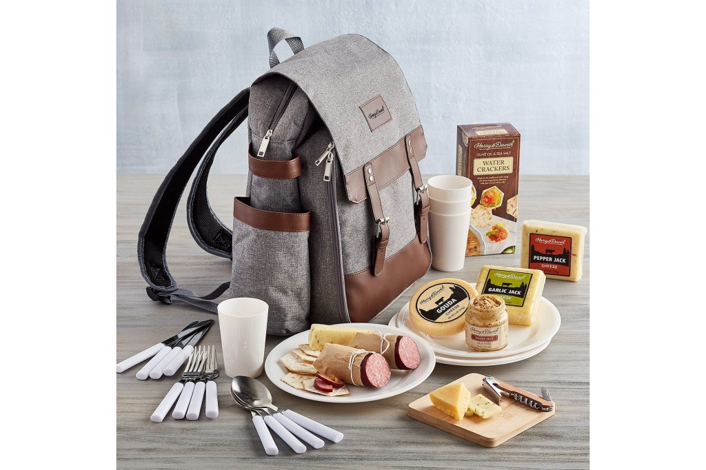 A backpack and plates of food