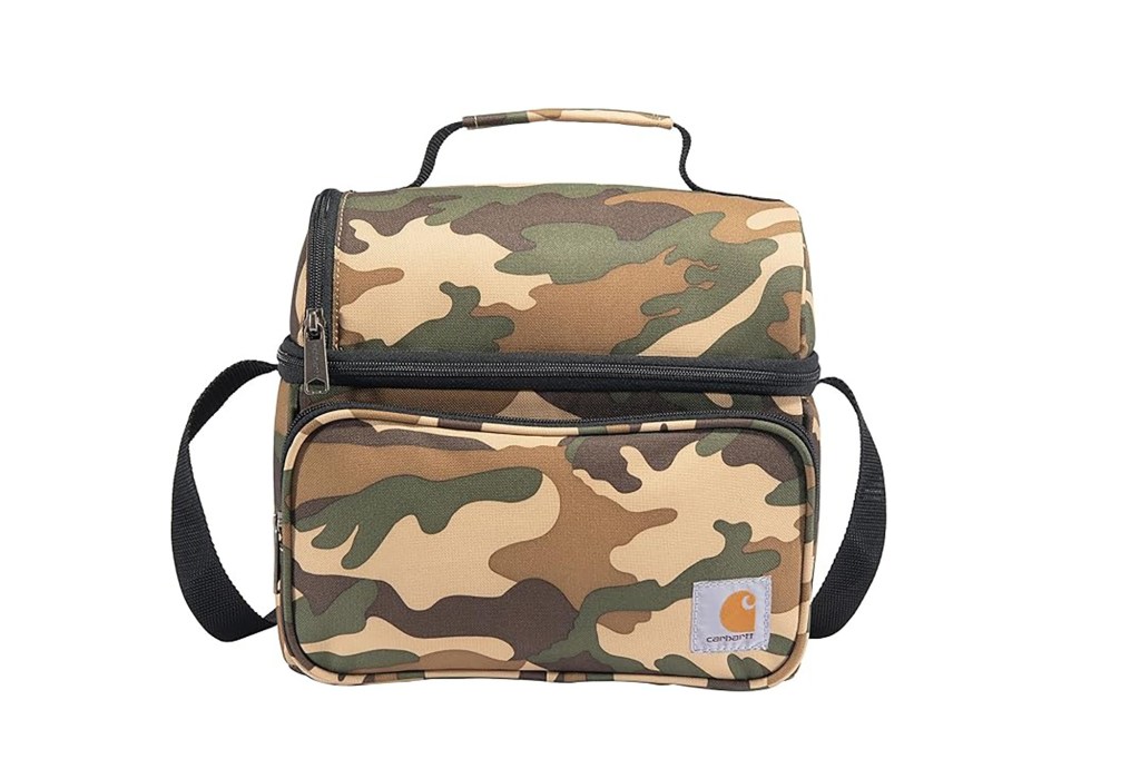 A camouflage lunch bag with a black strap