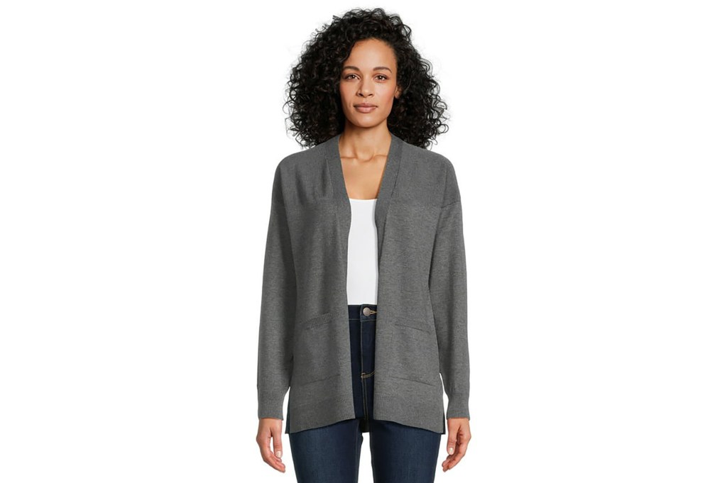 Woman wearing gray cardigan