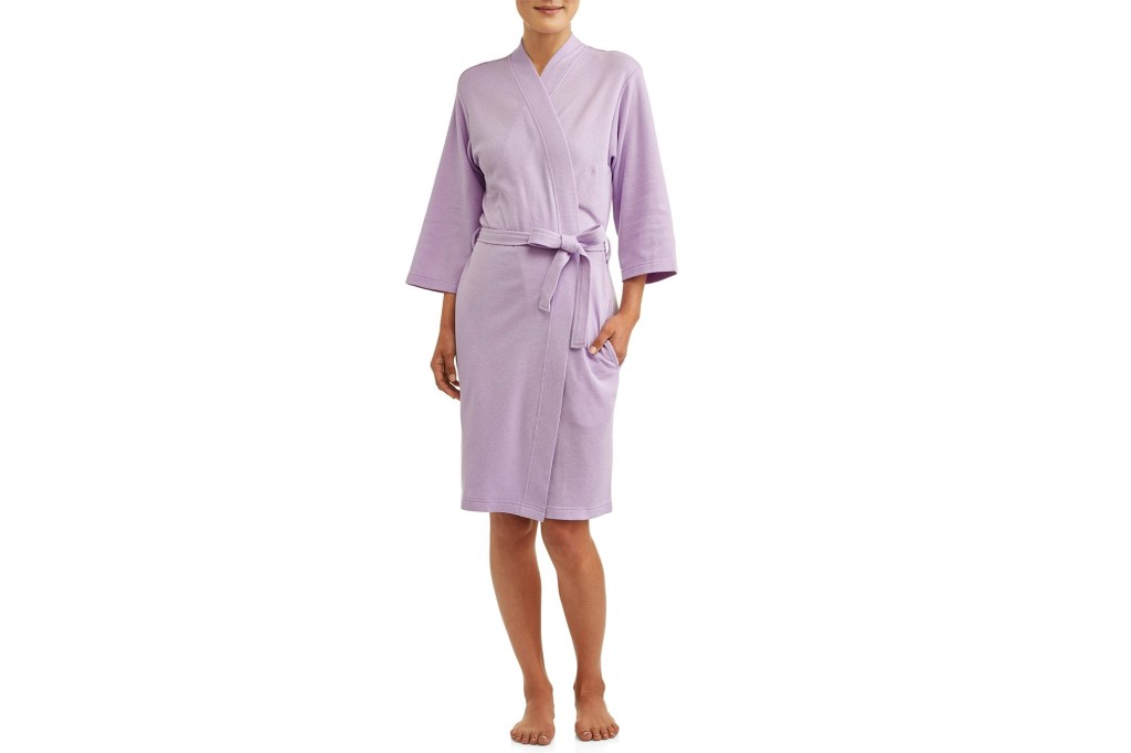 Woman wearing purple bathrobe