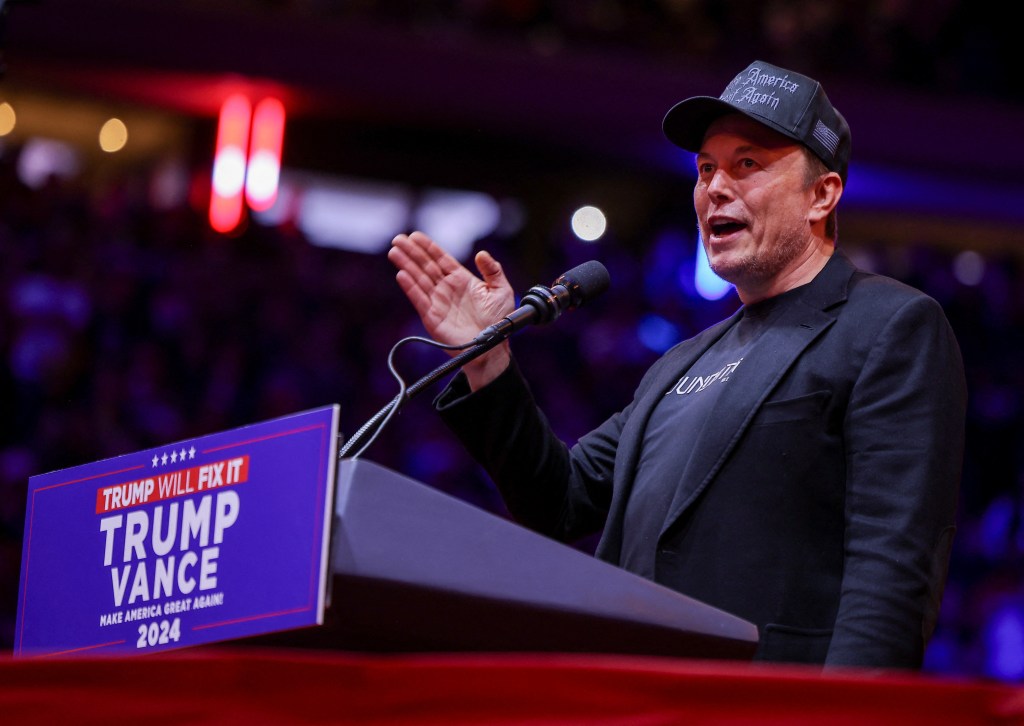 Tesla CEO and X owner Elon Musk speaks during a rally for Republican presidential nominee and former U.S. President Donald Trump