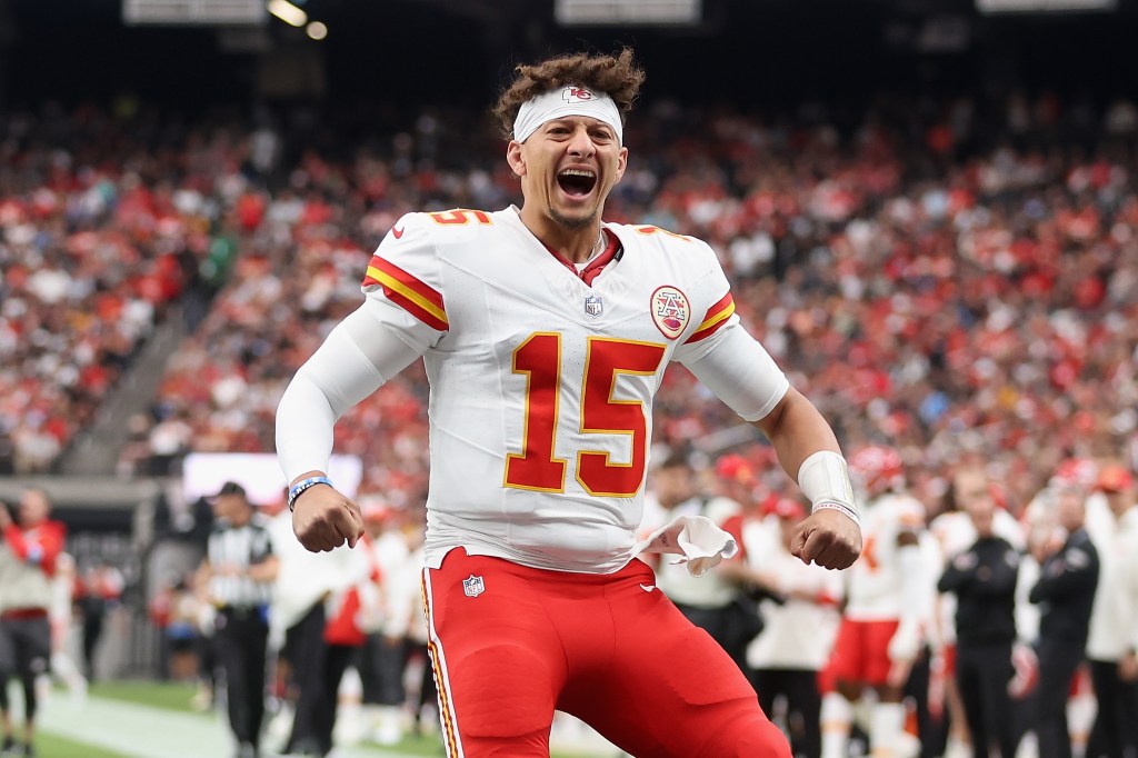 Patrick Mahomes #15 of the Kansas City Chiefs reacts before the start of the NFL game against the Las Vegas Raiders at Allegiant Stadium on October 27, 2024 in Las Vegas, Nevada.