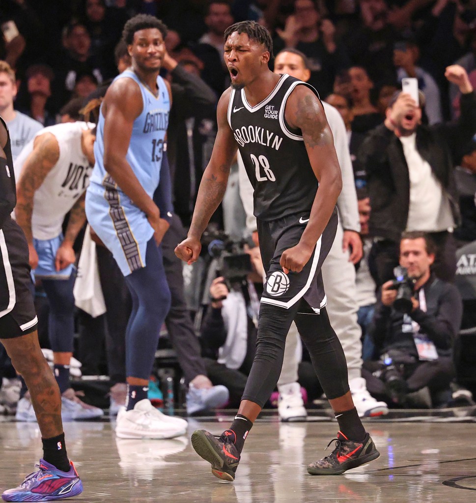 Dorian Finney-Smith reacts during the Nets' win over the Grizzlies on Nov. 5, 2024. 