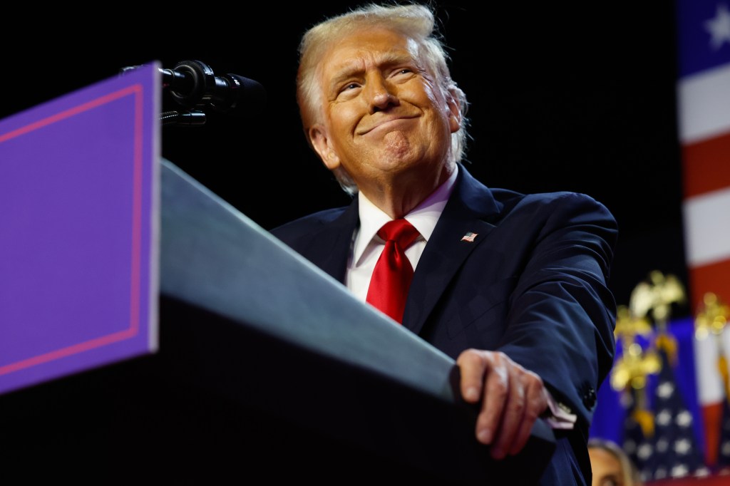 Former U.S. President Donald Trump arriving to speak at an election night event in West Palm Beach, Florida on November 6, 2024